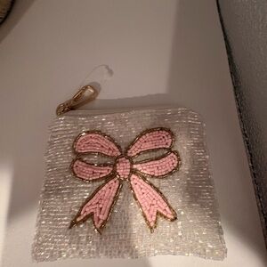 Beaded White Coin Purse with Pink Bow